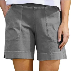 Linen Shorts for Women Summer Elastic High Waist Pant Beach Lounge Short Pants Vacation Outfits with Pockets