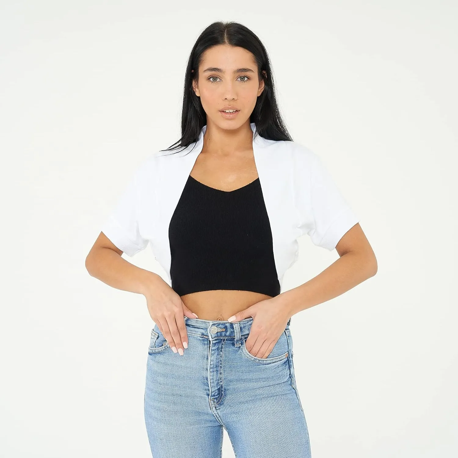 Loxdonz Women's Short Sleeve Shrug Open Front Cotton Cropped Cardigan Bolero Shrugs Jacket