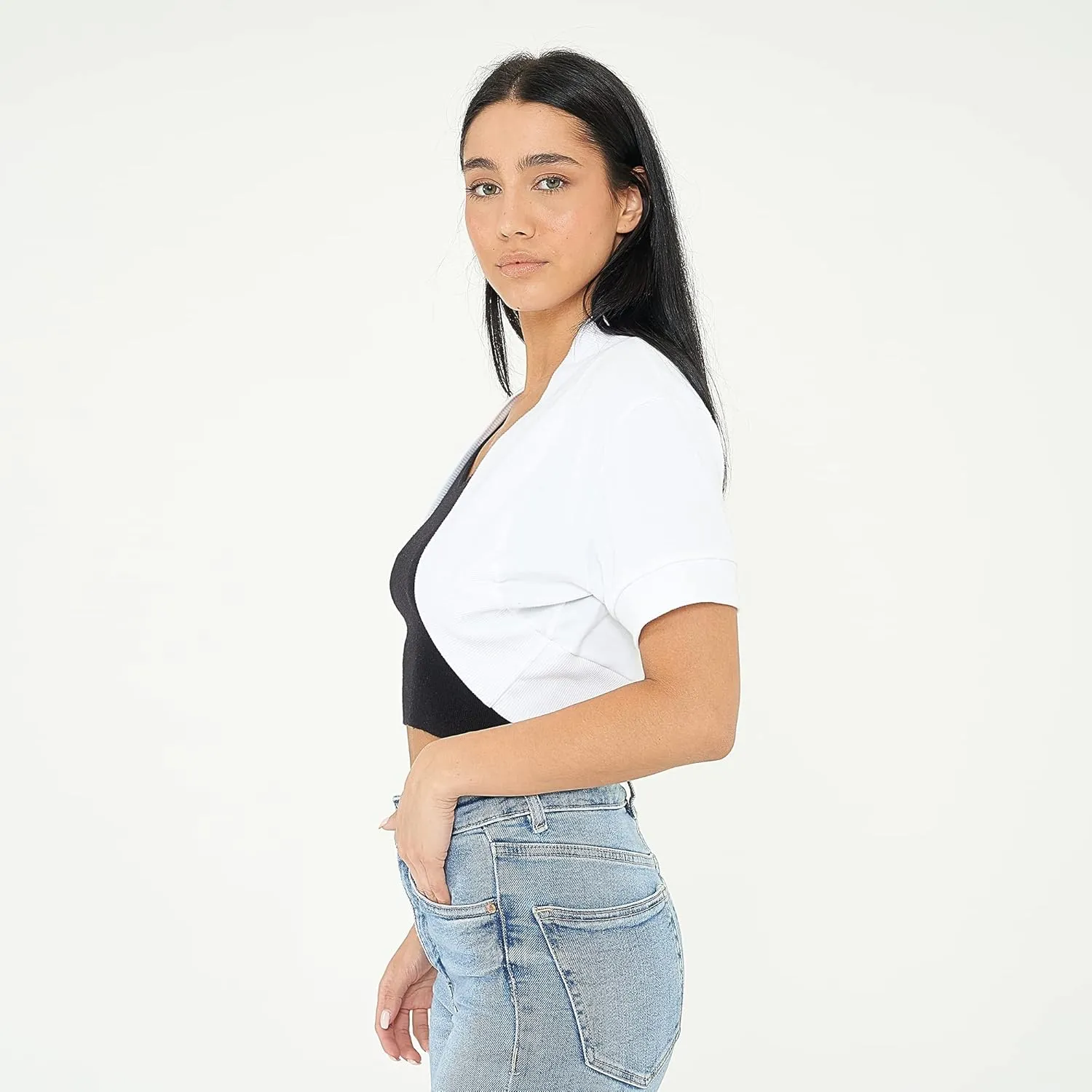 Loxdonz Women's Short Sleeve Shrug Open Front Cotton Cropped Cardigan Bolero Shrugs Jacket