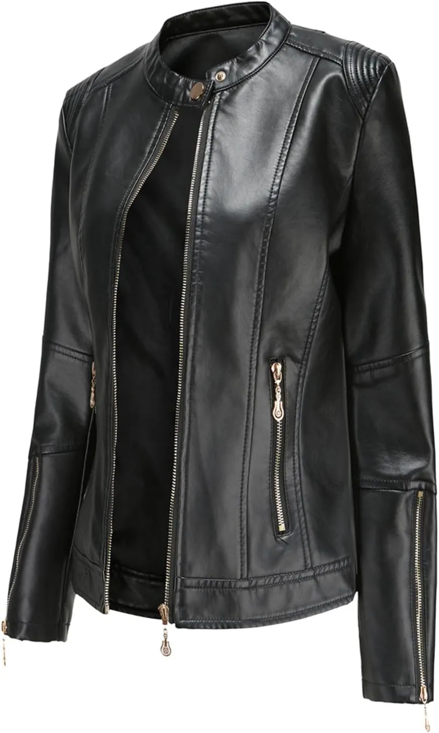 Lu's Chic Women's Fall Leather Jacket Motorcycle Jacket Faux Leather Warm Spring Zip Up Vintage Motorcycle Jacket