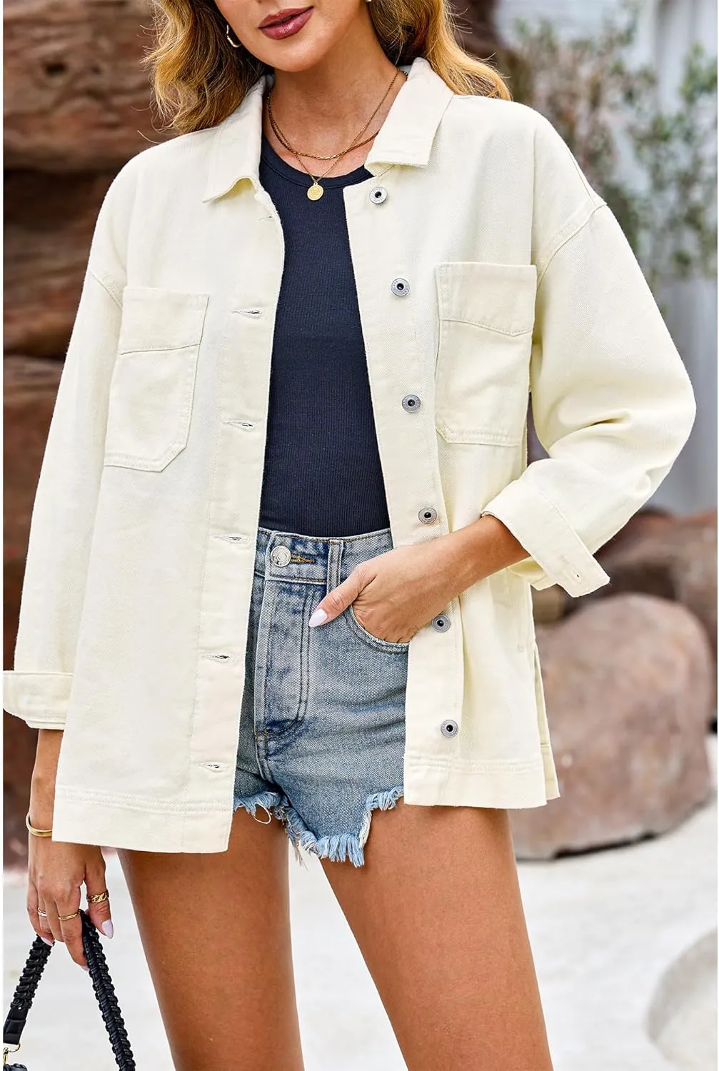 luvamia Denim Jacket for Women Trendy Oversized Button Down Jean Jacket Long Sleeve Slit Hem Shacket Jackets with Pocket