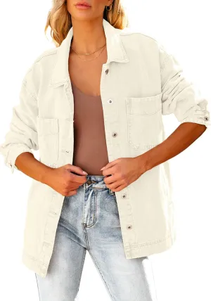 luvamia Denim Jacket for Women Trendy Oversized Button Down Jean Jacket Long Sleeve Slit Hem Shacket Jackets with Pocket