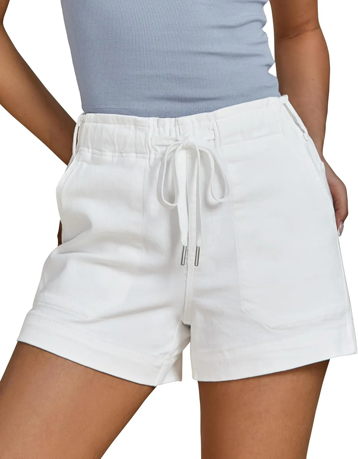 luvamia Jean Shorts for Women High Waisted Pull On Drawstring Elastic Waist Trendy Stretchy Denim Jorts Summer Shorts