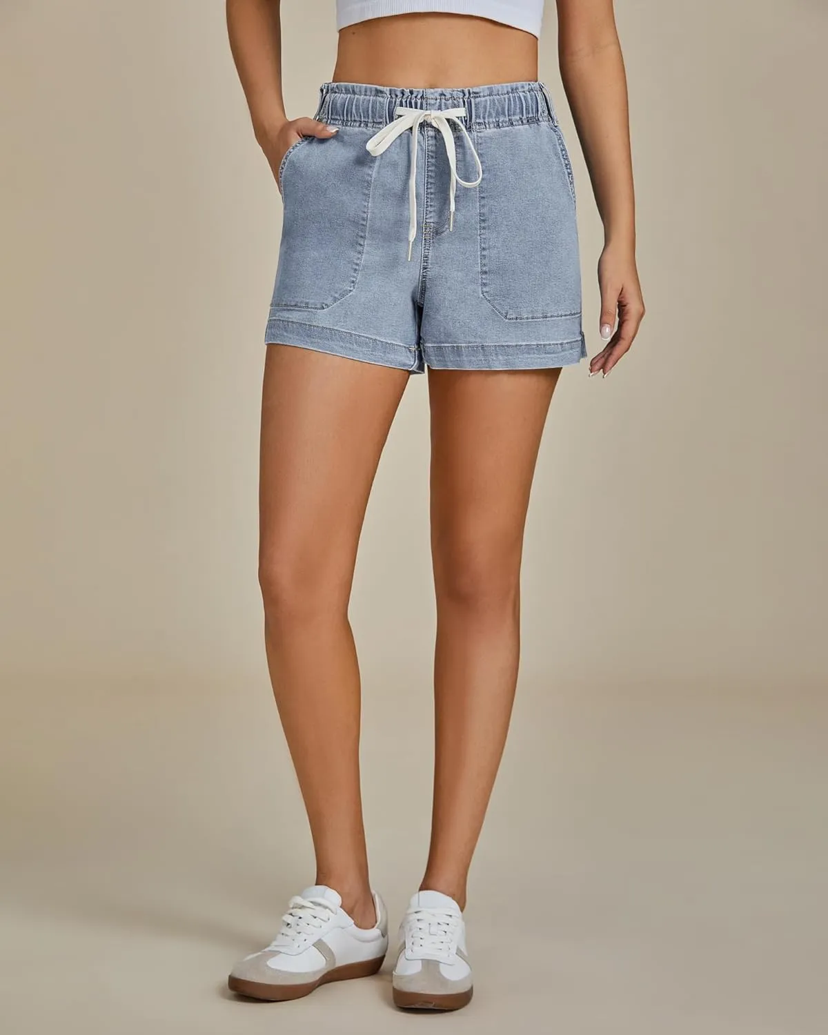 luvamia Jean Shorts for Women High Waisted Pull On Drawstring Elastic Waist Trendy Stretchy Denim Jorts Summer Shorts
