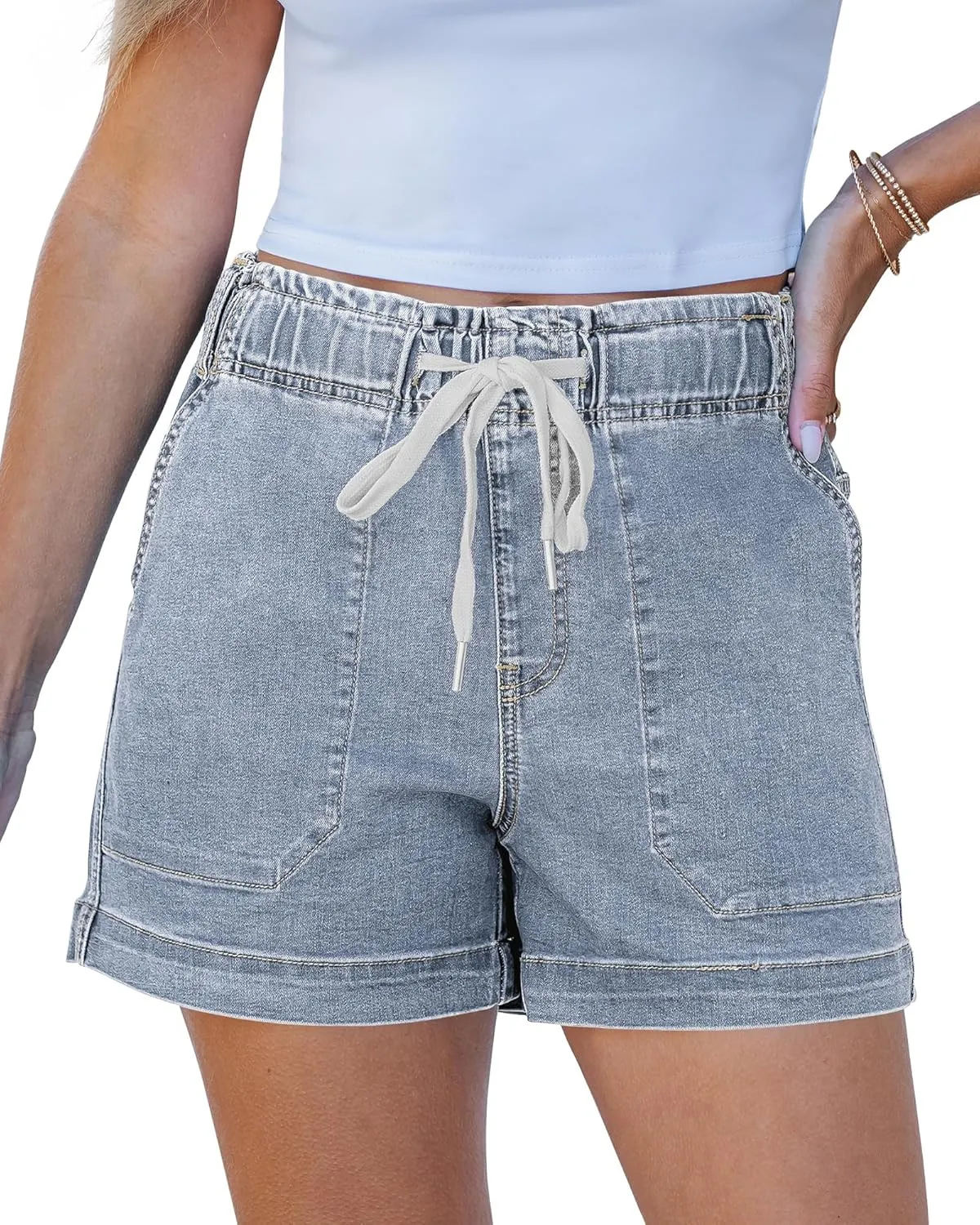 luvamia Jean Shorts for Women High Waisted Pull On Drawstring Elastic Waist Trendy Stretchy Denim Jorts Summer Shorts