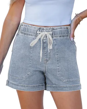 luvamia Jean Shorts for Women High Waisted Pull On Drawstring Elastic Waist Trendy Stretchy Denim Jorts Summer Shorts