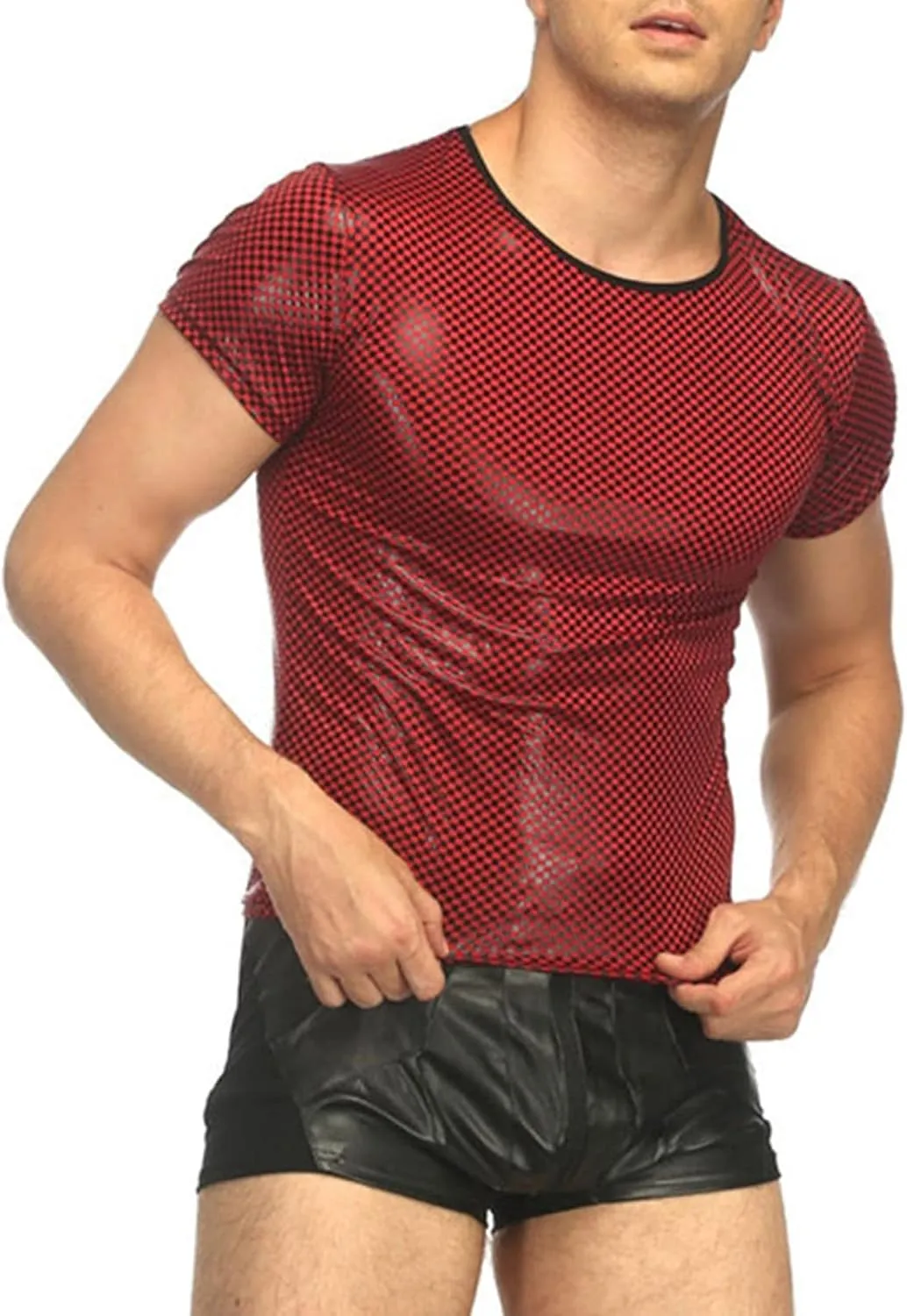 Maiyifu-GJ Men's Mesh Faux Leather Undershirt Sexy Wetlook Short Sleeve Muscle Shirt Pu Leather T-Shirt Nightwear Clubwear