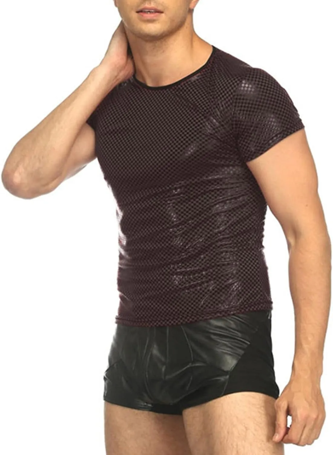 Maiyifu-GJ Men's Mesh Faux Leather Undershirt Sexy Wetlook Short Sleeve Muscle Shirt Pu Leather T-Shirt Nightwear Clubwear