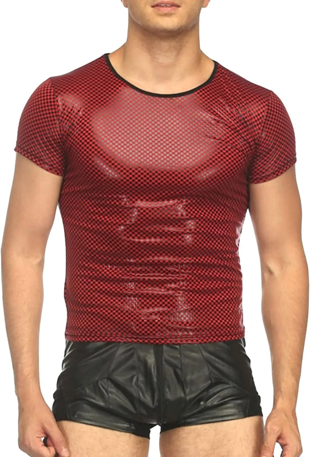 Maiyifu-GJ Men's Mesh Faux Leather Undershirt Sexy Wetlook Short Sleeve Muscle Shirt Pu Leather T-Shirt Nightwear Clubwear