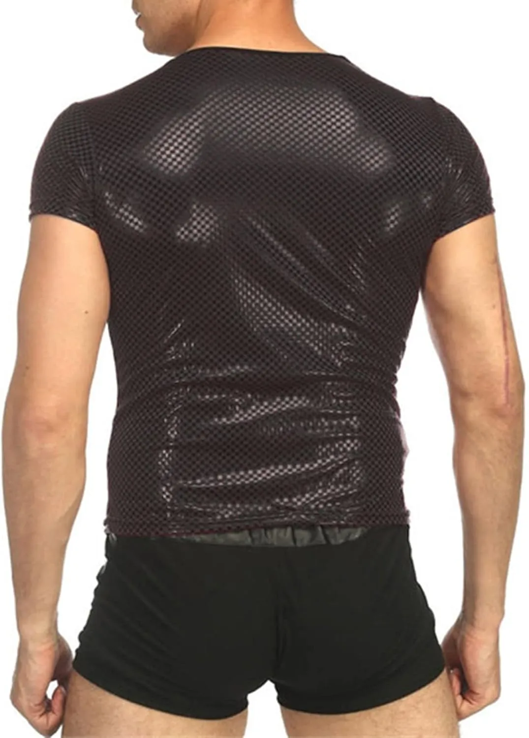 Maiyifu-GJ Men's Mesh Faux Leather Undershirt Sexy Wetlook Short Sleeve Muscle Shirt Pu Leather T-Shirt Nightwear Clubwear