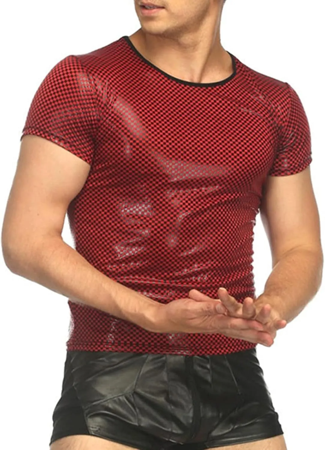 Maiyifu-GJ Men's Mesh Faux Leather Undershirt Sexy Wetlook Short Sleeve Muscle Shirt Pu Leather T-Shirt Nightwear Clubwear