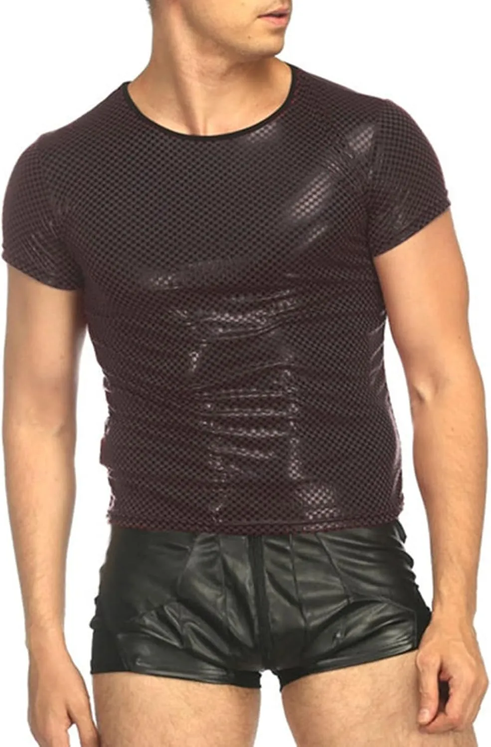Maiyifu-GJ Men's Mesh Faux Leather Undershirt Sexy Wetlook Short Sleeve Muscle Shirt Pu Leather T-Shirt Nightwear Clubwear