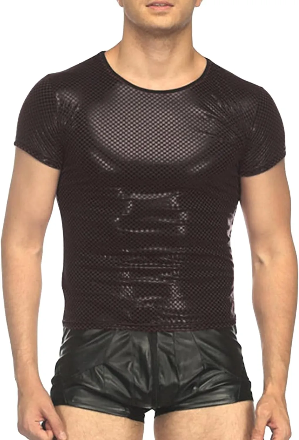 Maiyifu-GJ Men's Mesh Faux Leather Undershirt Sexy Wetlook Short Sleeve Muscle Shirt Pu Leather T-Shirt Nightwear Clubwear