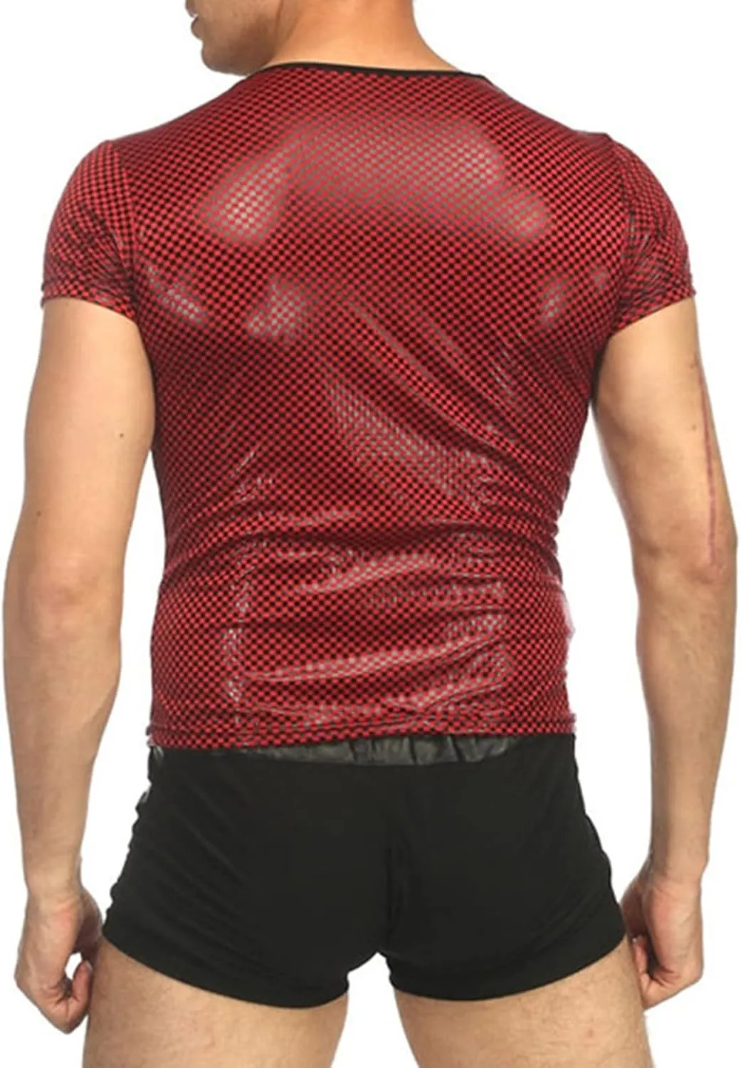 Maiyifu-GJ Men's Mesh Faux Leather Undershirt Sexy Wetlook Short Sleeve Muscle Shirt Pu Leather T-Shirt Nightwear Clubwear