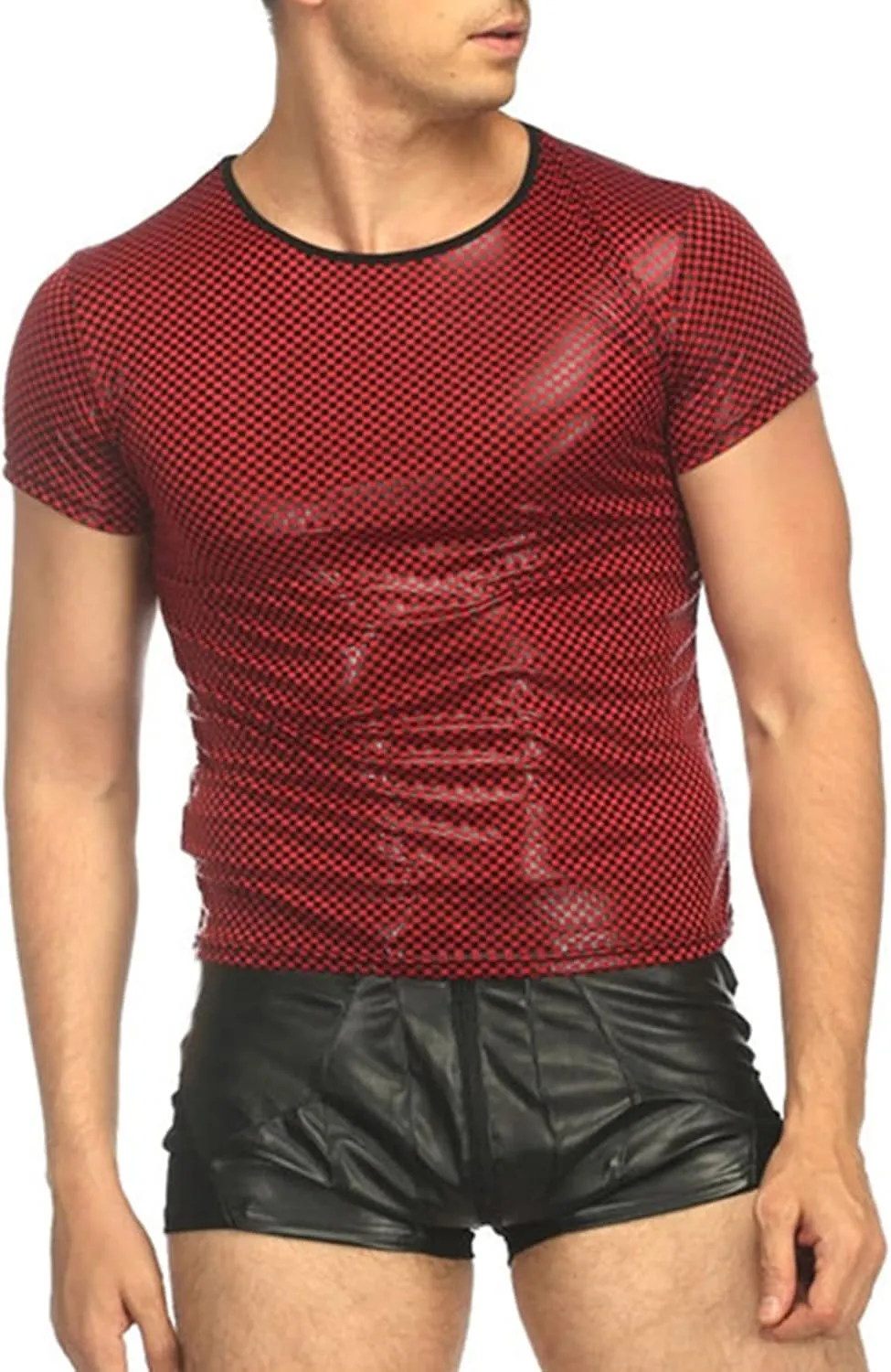 Maiyifu-GJ Men's Mesh Faux Leather Undershirt Sexy Wetlook Short Sleeve Muscle Shirt Pu Leather T-Shirt Nightwear Clubwear