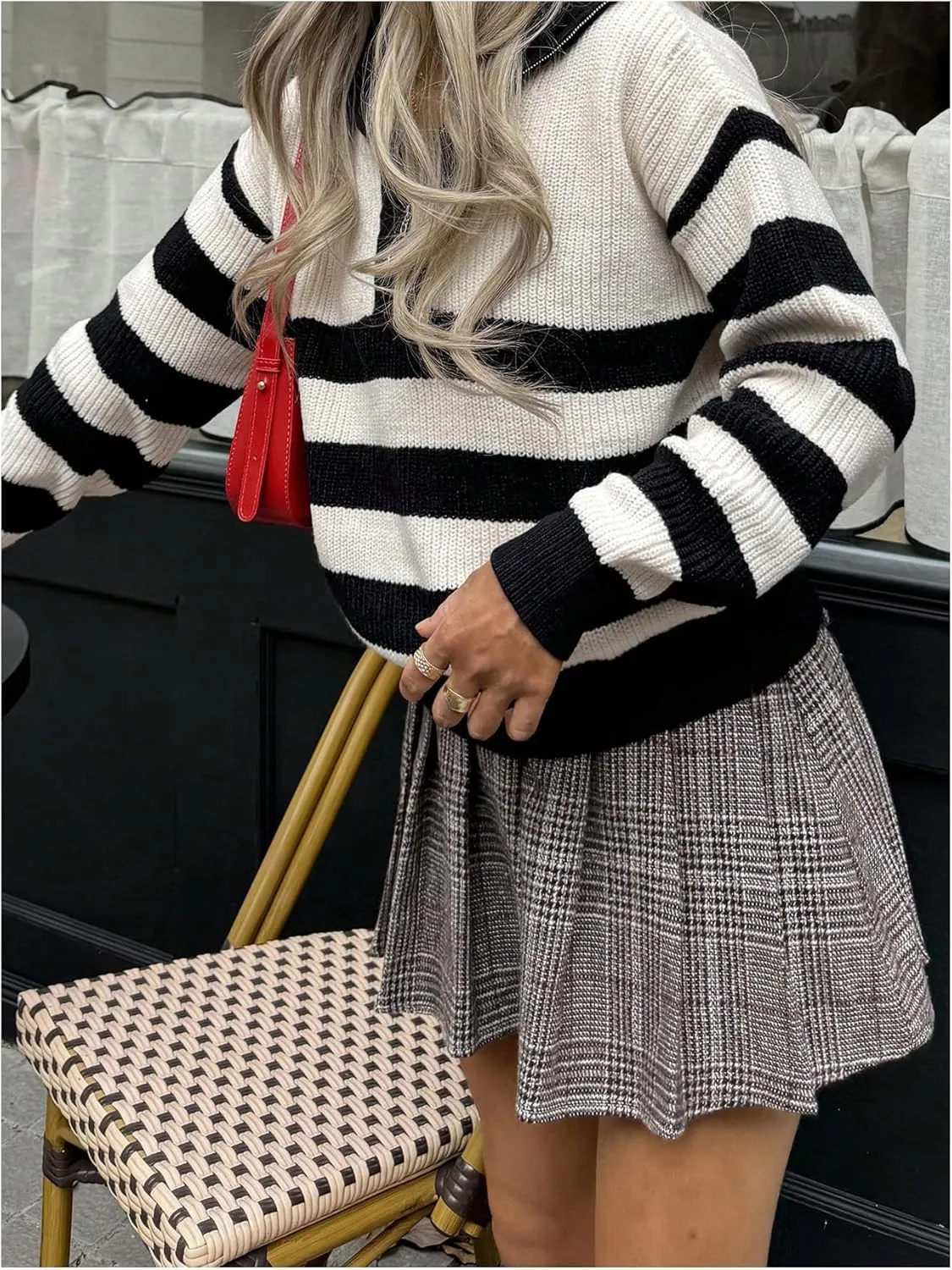 MakeMeChic Women's Pleated Mini Skirt Plaid Print Flared Hem A Line Belted Preppy Short Skirts