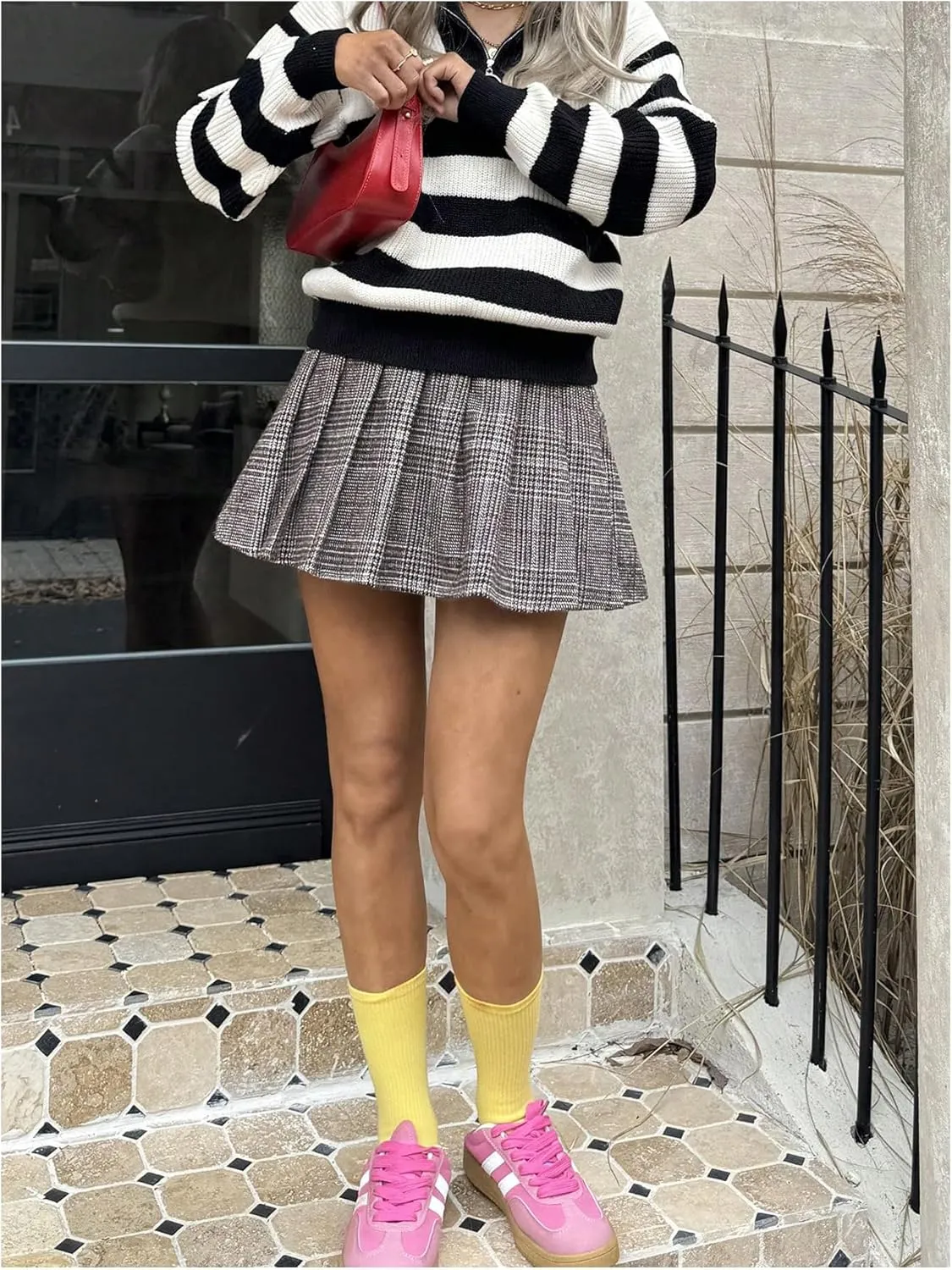 MakeMeChic Women's Pleated Mini Skirt Plaid Print Flared Hem A Line Belted Preppy Short Skirts