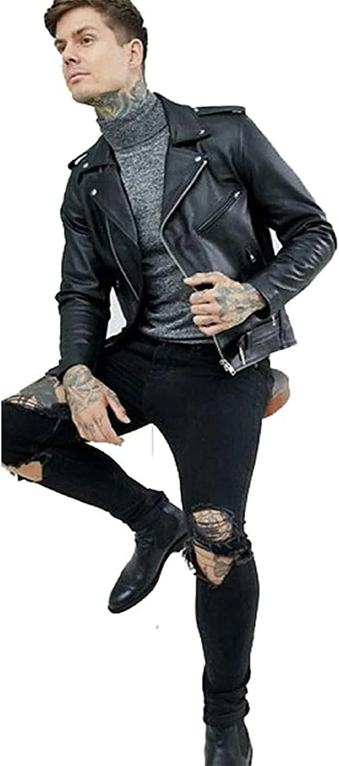 Mens Black Biker Rocker Retro Style Genuine Cowhide Leather Jacket