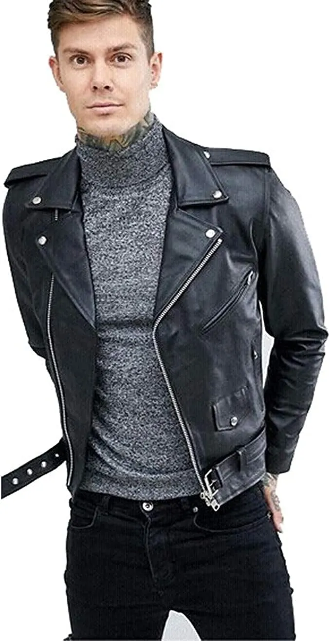 Mens Black Biker Rocker Retro Style Genuine Cowhide Leather Jacket