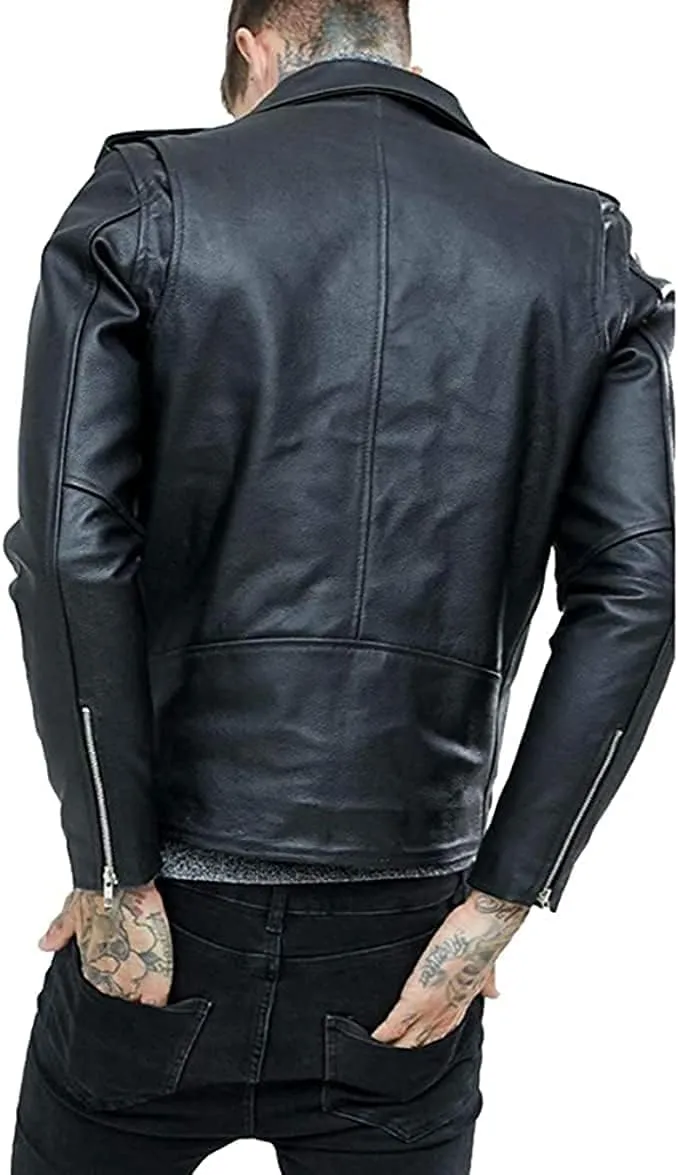 Mens Black Biker Rocker Retro Style Genuine Cowhide Leather Jacket