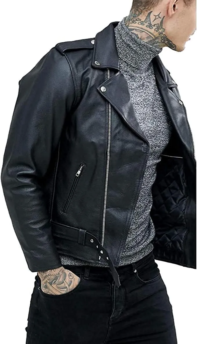 Mens Black Biker Rocker Retro Style Genuine Cowhide Leather Jacket