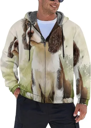 Mens Cotton Padded Fleece Jacket, Winter Zip Up Coat, Watercolor Poodle Hooded Warm Sherpa Lined Sweatshirts, Windp