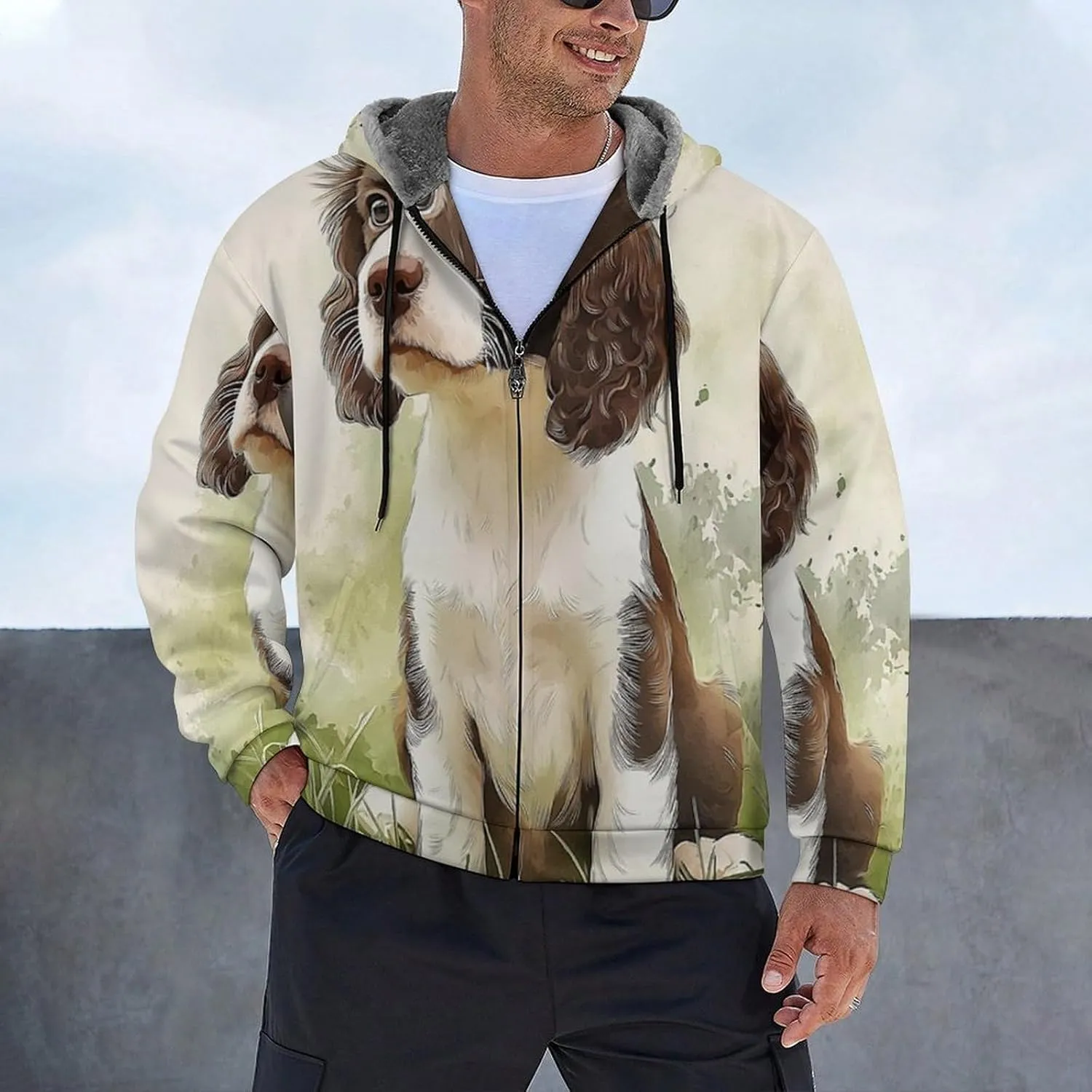 Mens Cotton Padded Fleece Jacket, Winter Zip Up Coat, Watercolor Poodle Hooded Warm Sherpa Lined Sweatshirts, Windp