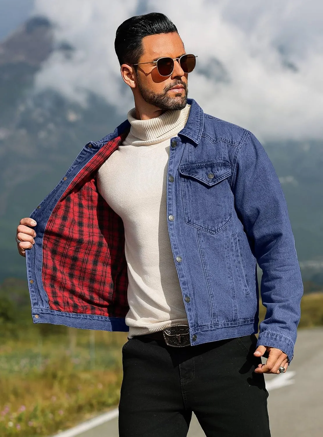 Men's Denim Jacket with Flannel Lined Jean Jackets for Winter Vintage Cowboy Cut Snap Closure Classic Heavy Duty