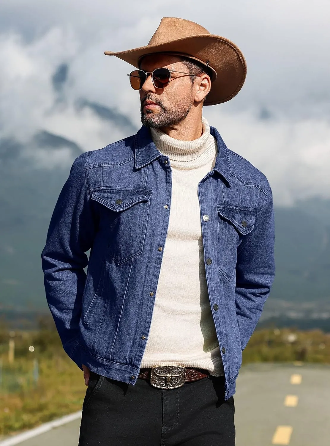 Men's Denim Jacket with Flannel Lined Jean Jackets for Winter Vintage Cowboy Cut Snap Closure Classic Heavy Duty