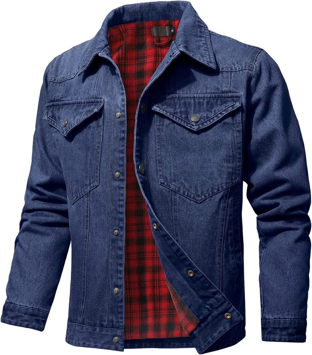 Men's Denim Jacket with Flannel Lined Jean Jackets for Winter Vintage Cowboy Cut Snap Closure Classic Heavy Duty