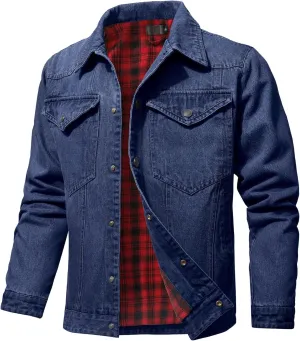 Men's Denim Jacket with Flannel Lined Jean Jackets for Winter Vintage Cowboy Cut Snap Closure Classic Heavy Duty