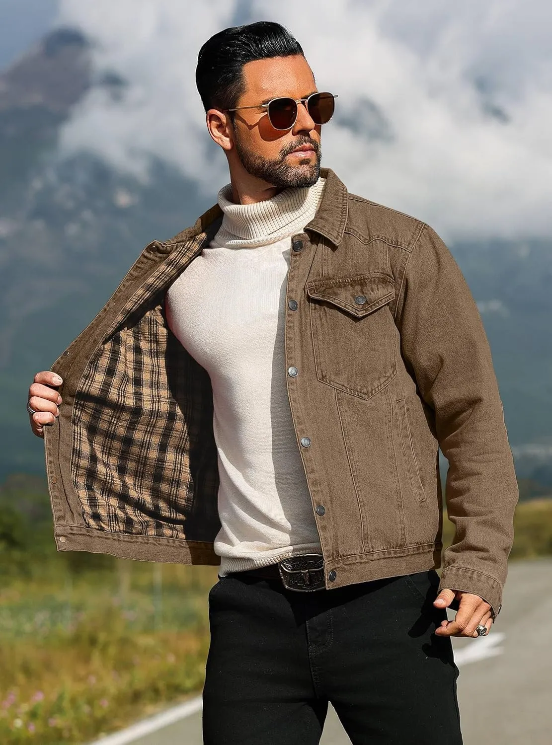 Men's Denim Jacket with Flannel Lined Jean Jackets for Winter Vintage Cowboy Cut Snap Closure Classic Heavy Duty