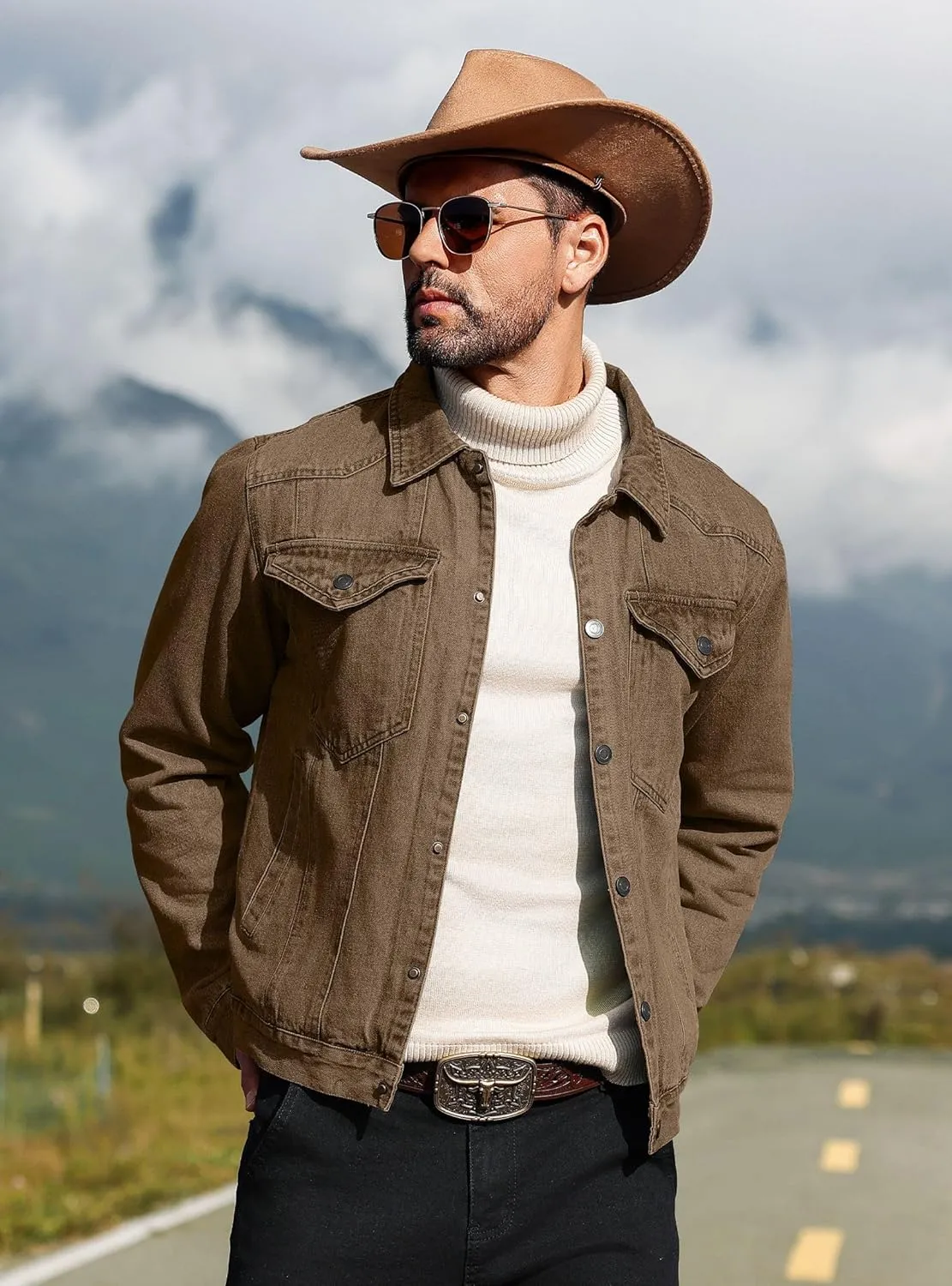 Men's Denim Jacket with Flannel Lined Jean Jackets for Winter Vintage Cowboy Cut Snap Closure Classic Heavy Duty