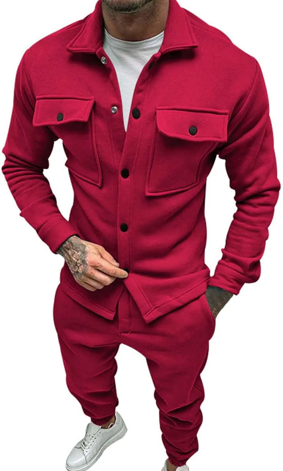 Mens Fashion 2 Piece Outfits Long Sleeve Button Down Shirt and Pants Sets Workout Athletic Sports Jogging Casual Tracksuits