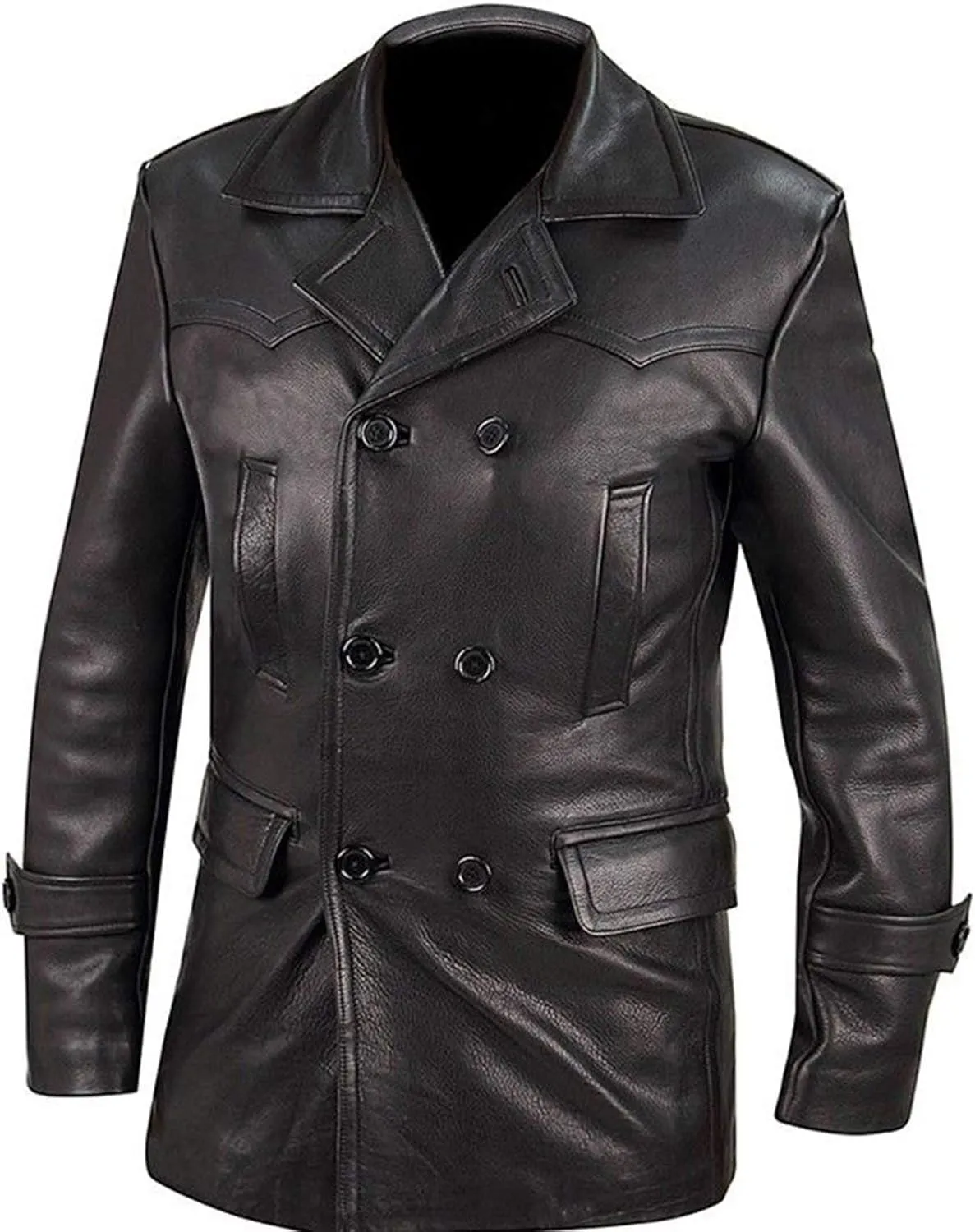Men's German WW2 Black Leather Long Trench Coat Marine Imperial Navy U-Boat Submarine Captain Brown Leather Jacket