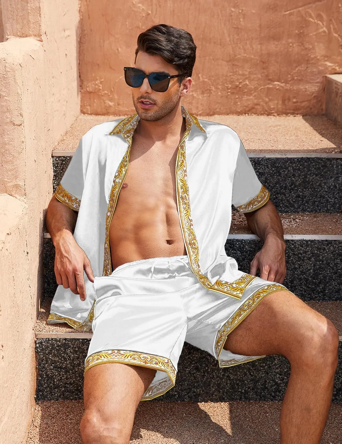 Men's Hawaiian Shirt and Short Set 2 Piece Outfits Luxury Printed Casual Button Down Short Sleeve Satin Shirt Suits