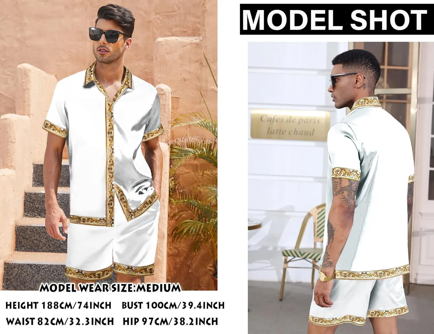 Men's Hawaiian Shirt and Short Set 2 Piece Outfits Luxury Printed Casual Button Down Short Sleeve Satin Shirt Suits