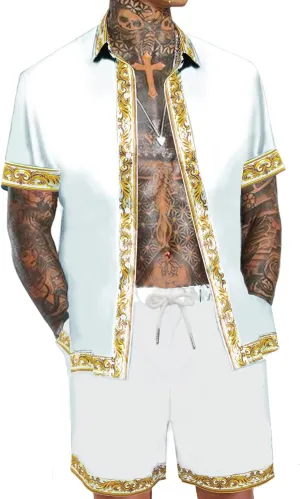 Men's Hawaiian Shirt and Short Set 2 Piece Outfits Luxury Printed Casual Button Down Short Sleeve Satin Shirt Suits