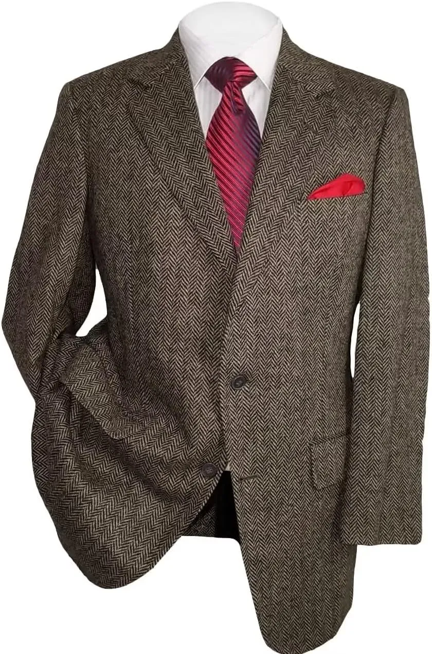 Mens Herringbone Tweed Blazer Men Vintage Suit Jacket Lightweight 2 Button Business Sport Coat Jackets