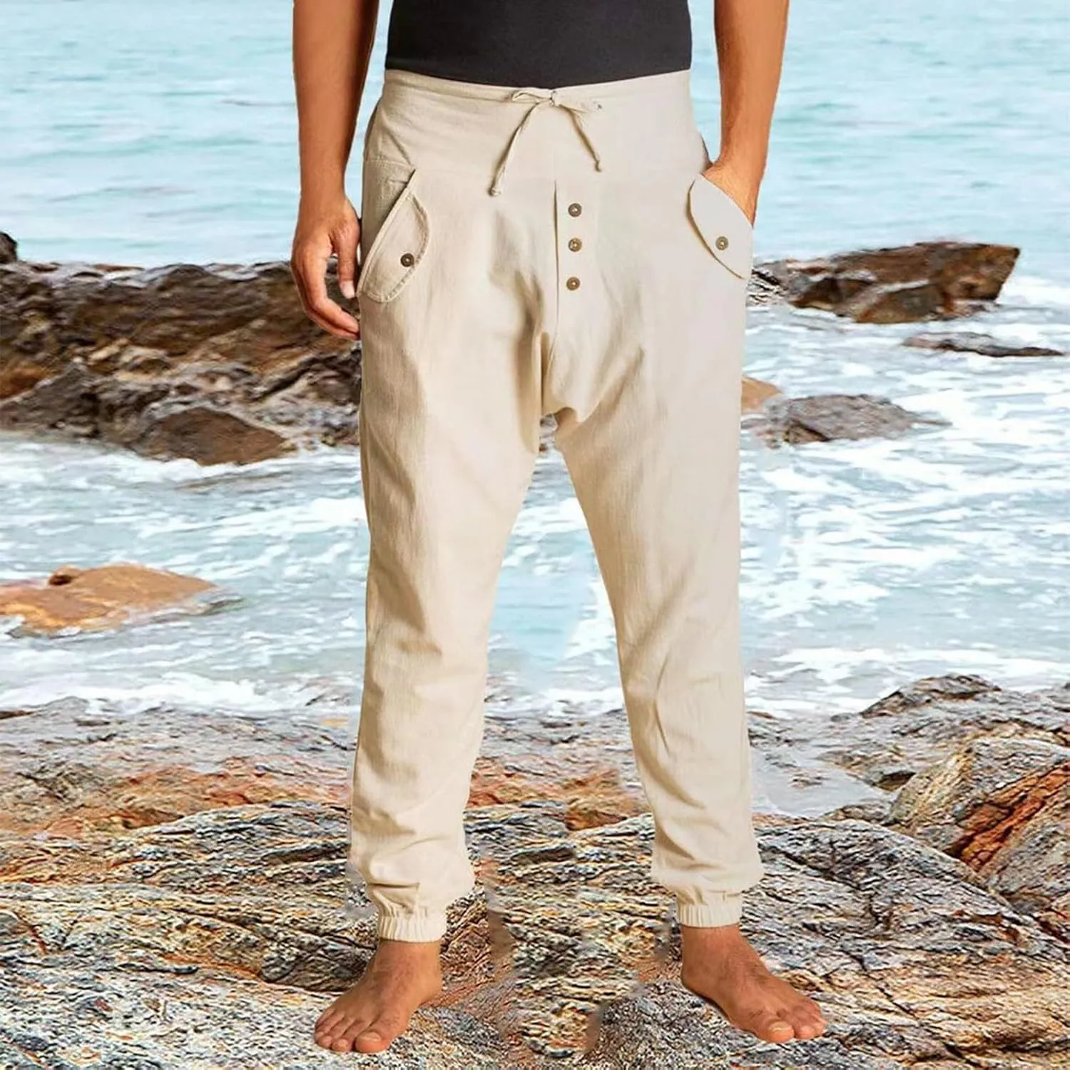 Men's High Waisted Pants Summer Casual Linen Pants Trendy Solid Drawstring Elastic Trousers Outdoor Vacation Slacks