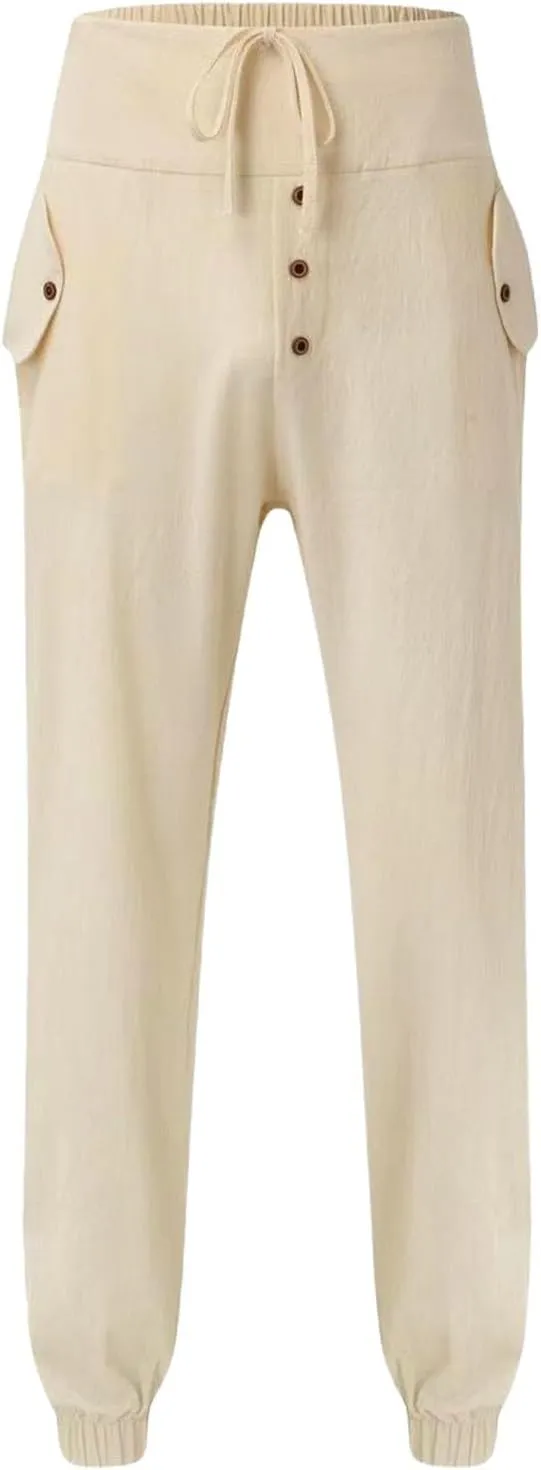 Men's High Waisted Pants Summer Casual Linen Pants Trendy Solid Drawstring Elastic Trousers Outdoor Vacation Slacks