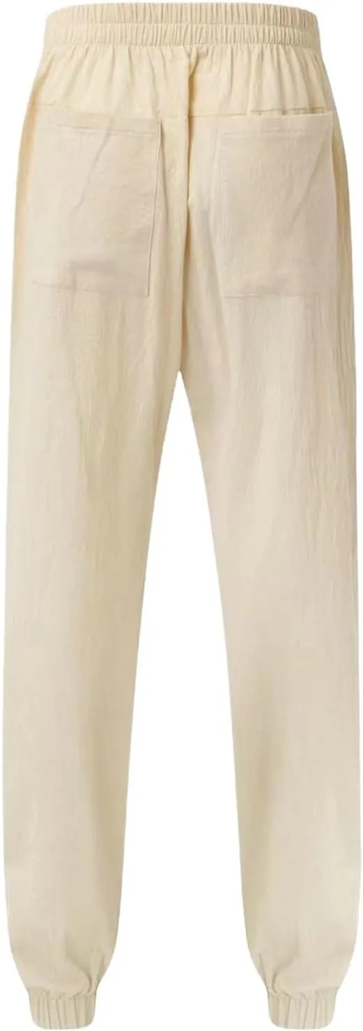Men's High Waisted Pants Summer Casual Linen Pants Trendy Solid Drawstring Elastic Trousers Outdoor Vacation Slacks