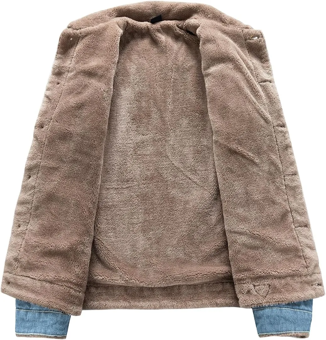 Men'S Jean Jacket Casual Loose Button Lapel Sherpa Fleece Lined Thicken Trucker Jacket Coats