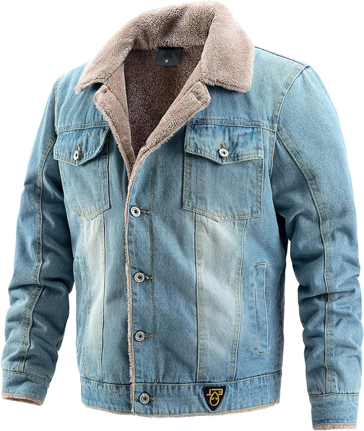 Men'S Jean Jacket Casual Loose Button Lapel Sherpa Fleece Lined Thicken Trucker Jacket Coats