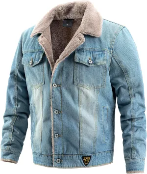 Men'S Jean Jacket Casual Loose Button Lapel Sherpa Fleece Lined Thicken Trucker Jacket Coats