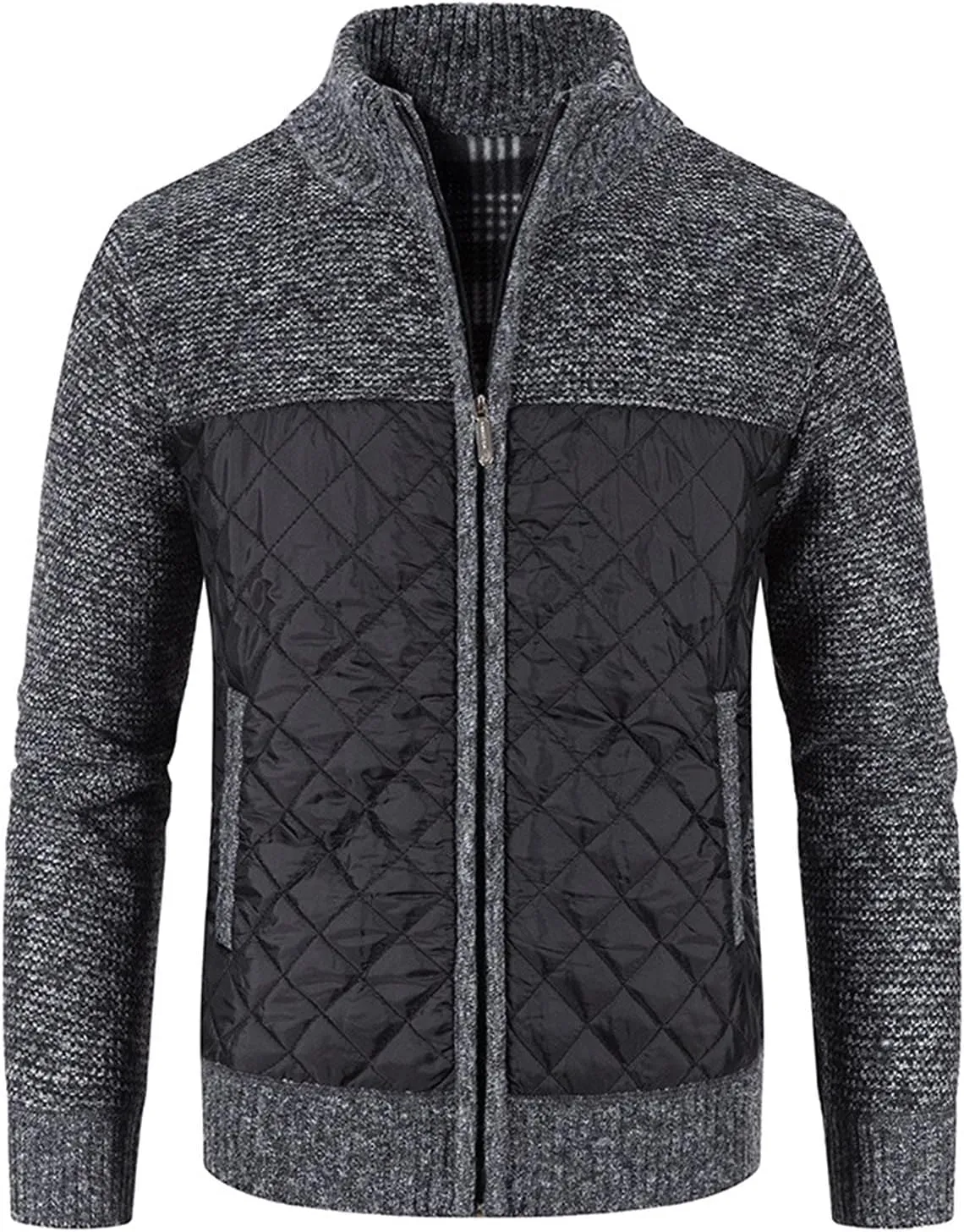 Men's Knitted Cardigan Sweater Coat Full Zip Up Stand Collar Slim Fit Cotton-Padded Jackets Warm Casual Winter Coats
