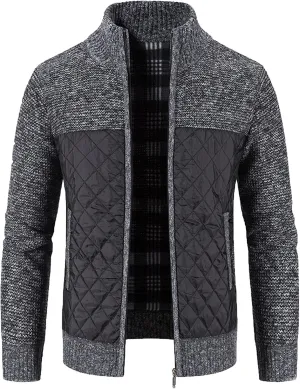 Men's Knitted Cardigan Sweater Coat Full Zip Up Stand Collar Slim Fit Cotton-Padded Jackets Warm Casual Winter Coats