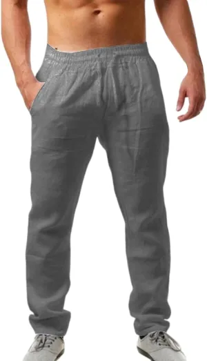 Men's Linen Pants Plain Casual Pant Summer Outdoor Vacation Beach Plus Size Trousers Lightweight Open Bottom Slacks