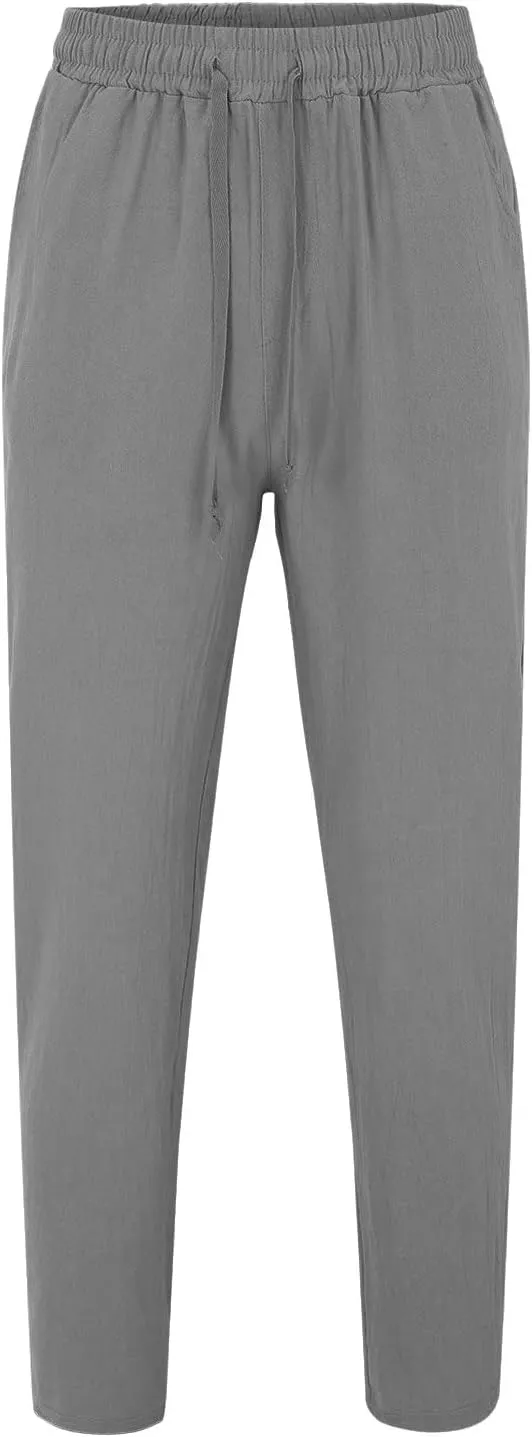 Men's Linen Pants Plain Casual Pant Summer Outdoor Vacation Beach Plus Size Trousers Lightweight Open Bottom Slacks