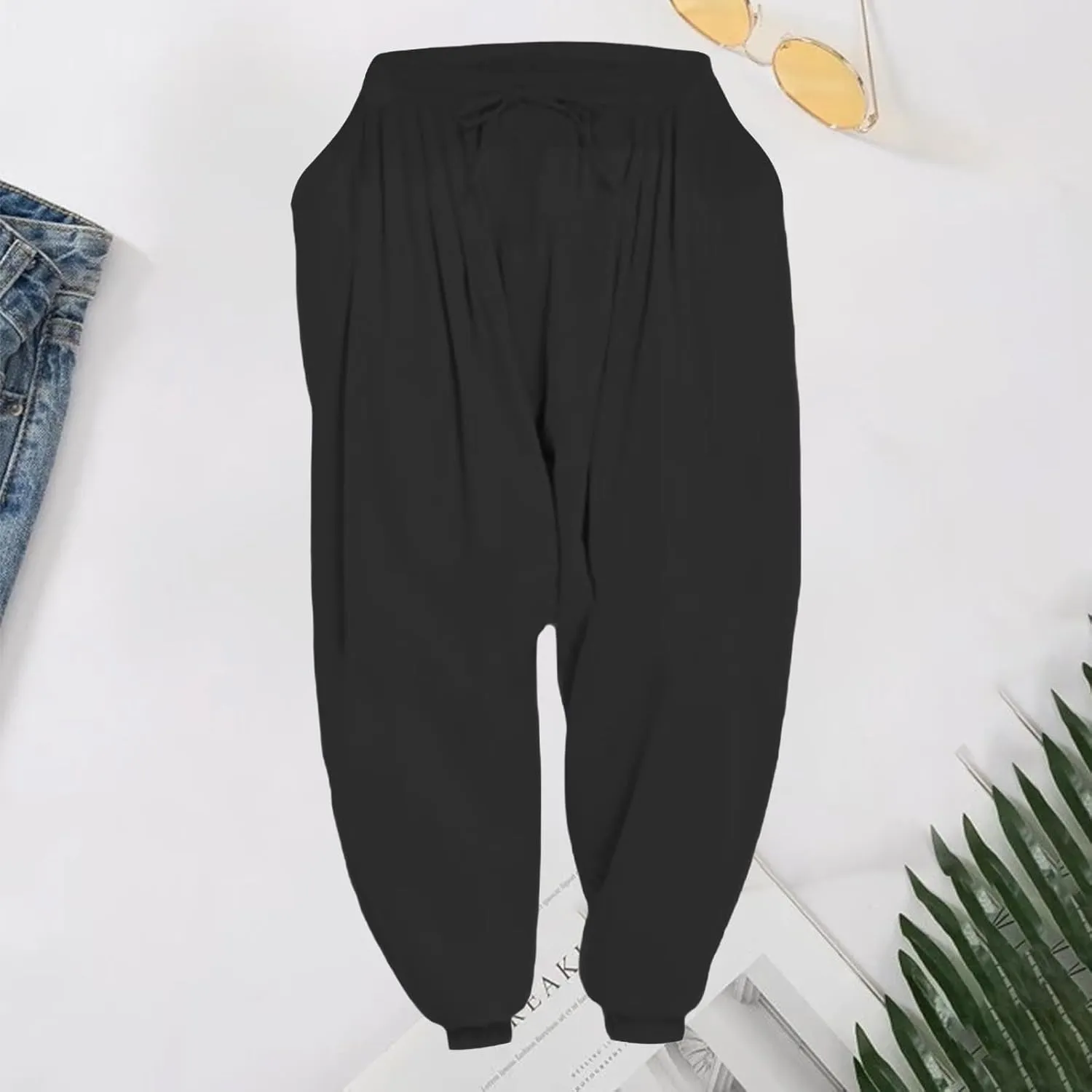 Men's Linen Pants Plain Loose Fit Tapered Slacks Lightweight Vacation Pants Drawstring Waist Yoga Trousers for Summer